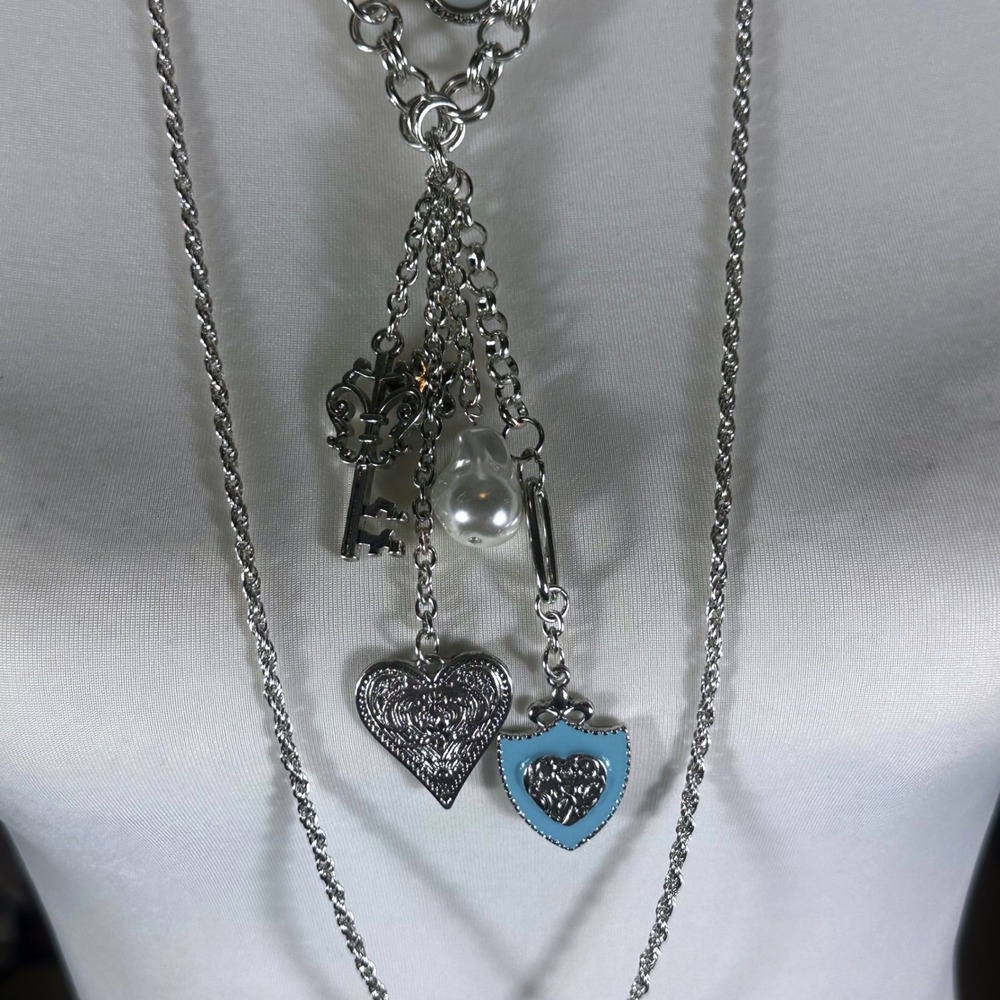 Free People Tate Necklace NWT Womens OS Silver Multi Charm Heart Key Blue Shield - Picture 3 of 7